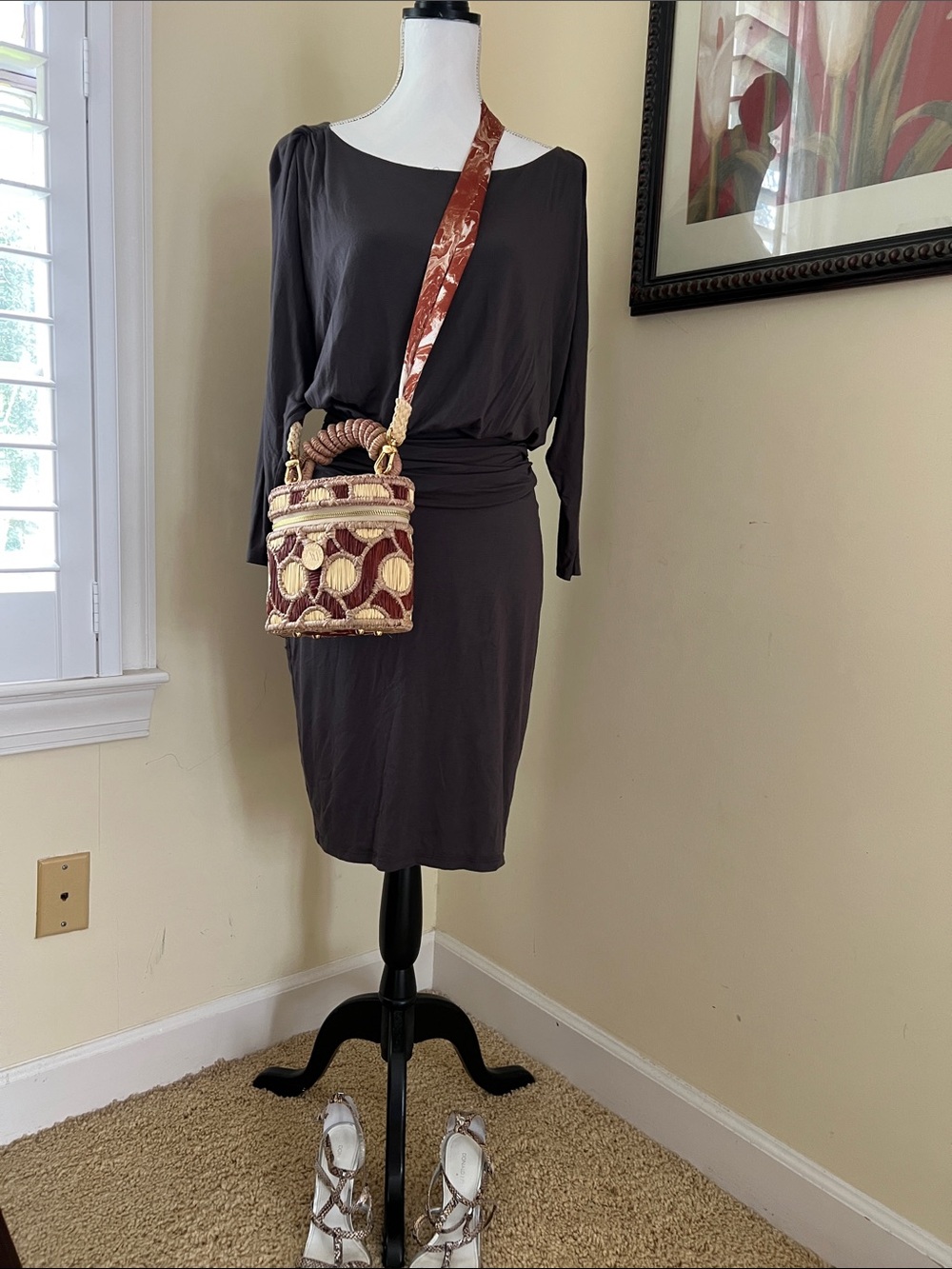 Bordeaux Slate Gray Boatneck Long-Sleeve Pencil Dress
